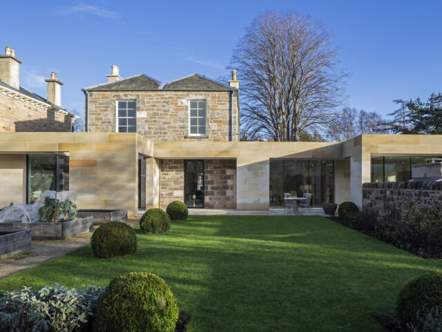 Edinburgh garden villa extension - External rear view of single storey extension and two storey original villa.